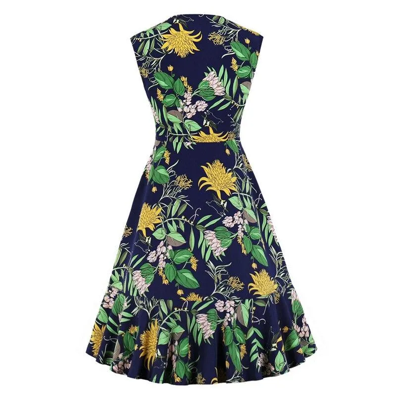 2023 Botanical Print Vintage High Waist Elegant Ruffle Hem Runway Dresses Women V Neck Single Breasted Sleeveless Summer Dress