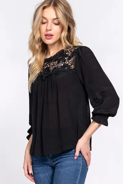 ACTIVE BASIC Crochet Lace Panel Flounce Sleeve Blouse