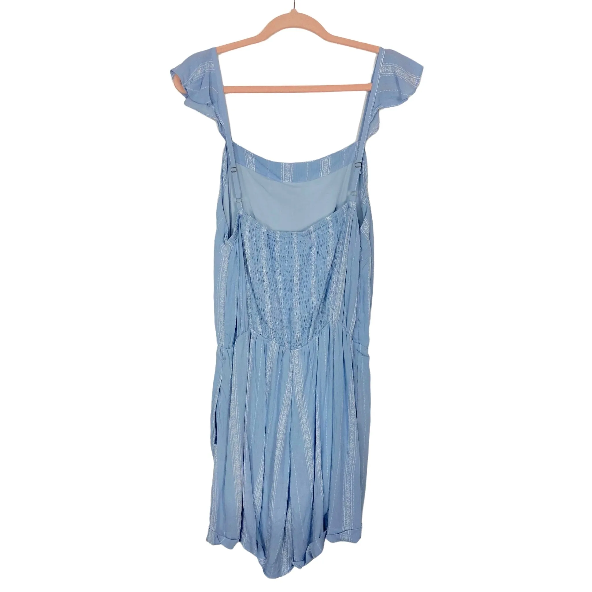 Amaryllis Blue Crush Ruffle Strap Rolled Hem with Tie Belt Linen Romper- Size XL (see notes)