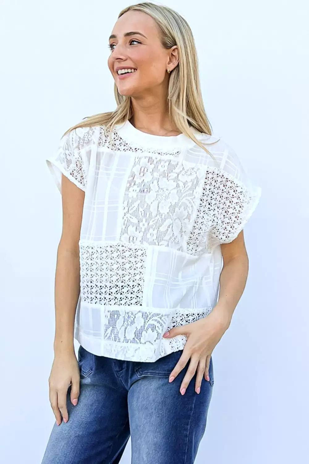 And The Why Lace Patchwork Short Sleeve Top and Cami Set