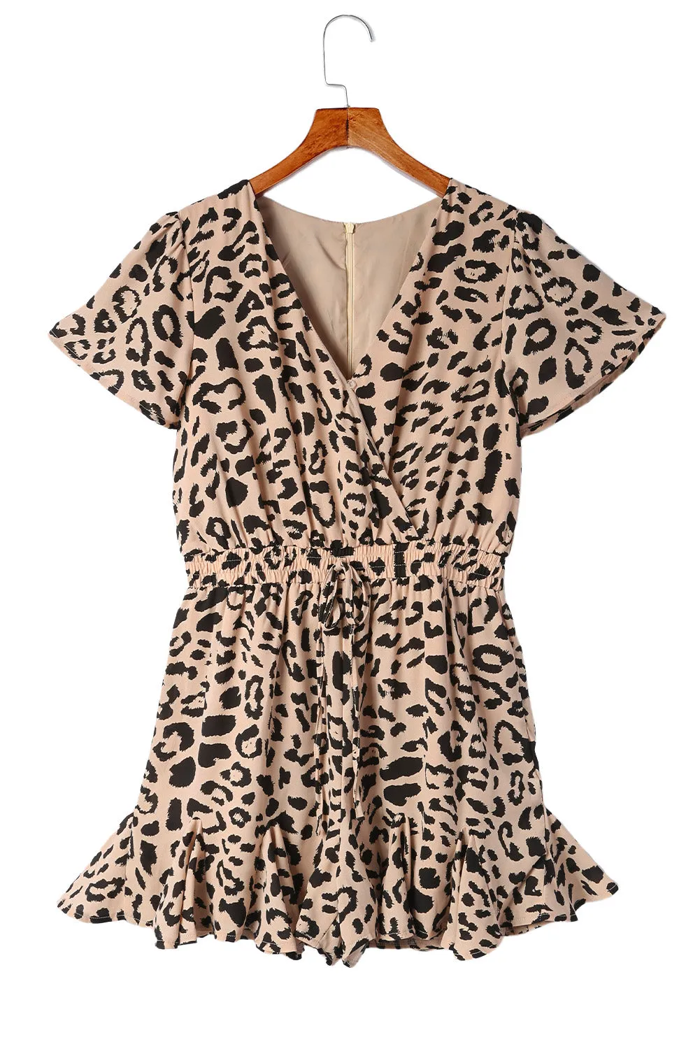 ANGELICA Leopard Flutter Sleeve Ruffle Hem Romper