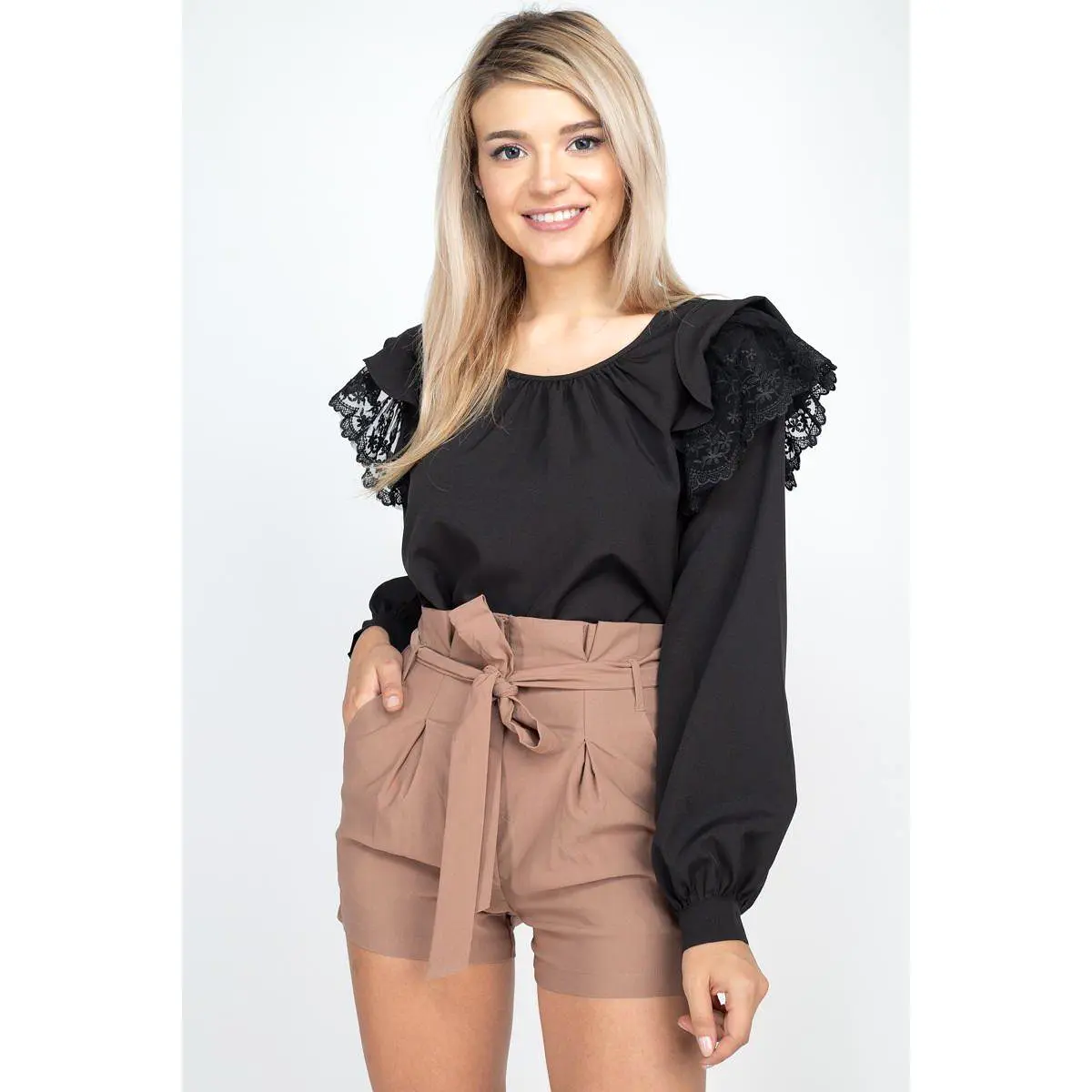 Balloon Sleeve Lace Ruffle Top