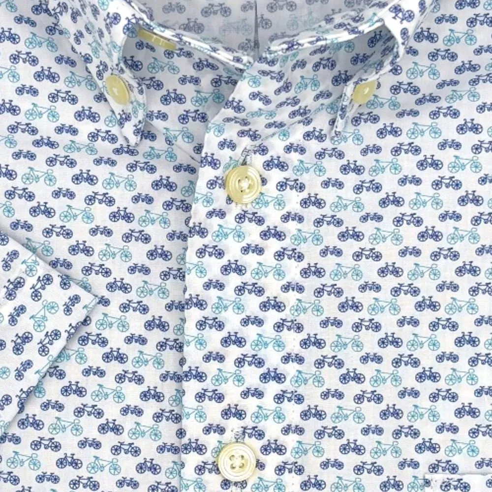 Bicycle Print Short Sleeve Sport Shirt in Blues by Viyella