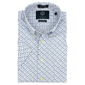 Bicycle Print Short Sleeve Sport Shirt in Blues by Viyella