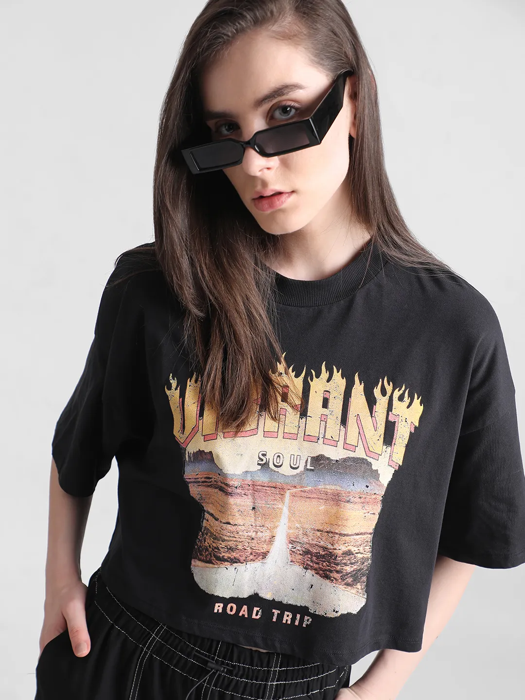 Black Graphic Print Boxy T-shirt