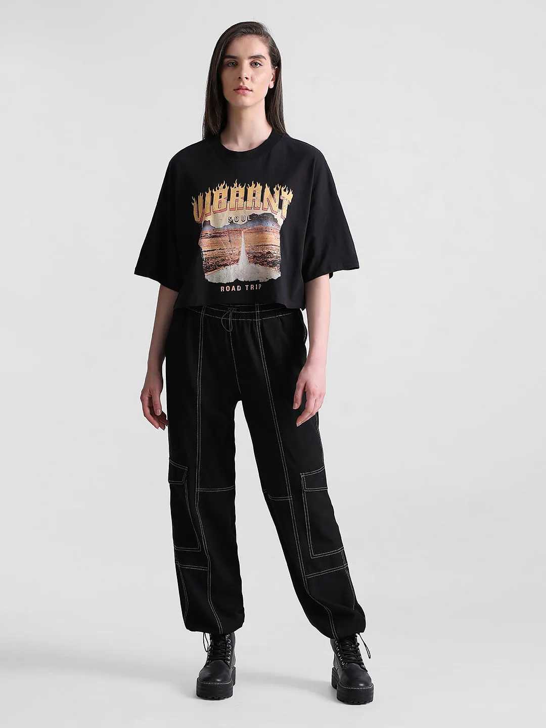 Black Graphic Print Boxy T-shirt