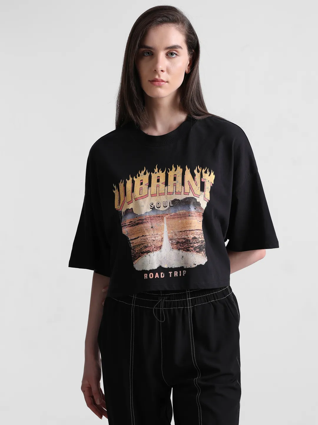 Black Graphic Print Boxy T-shirt