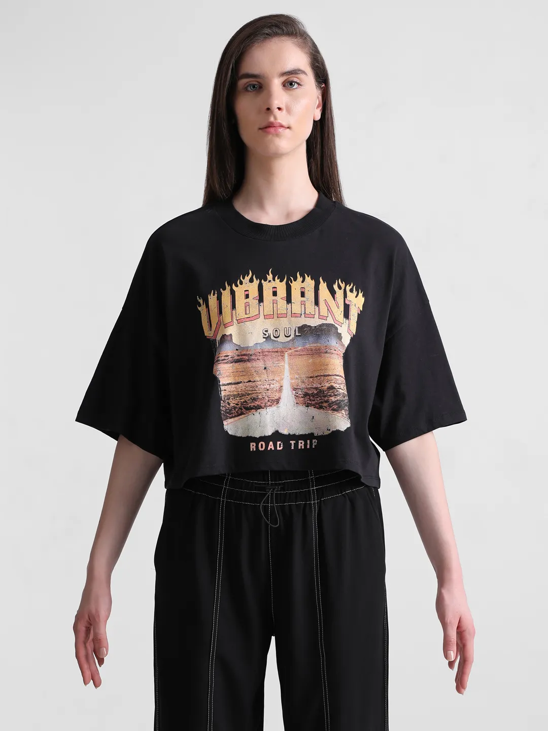 Black Graphic Print Boxy T-shirt