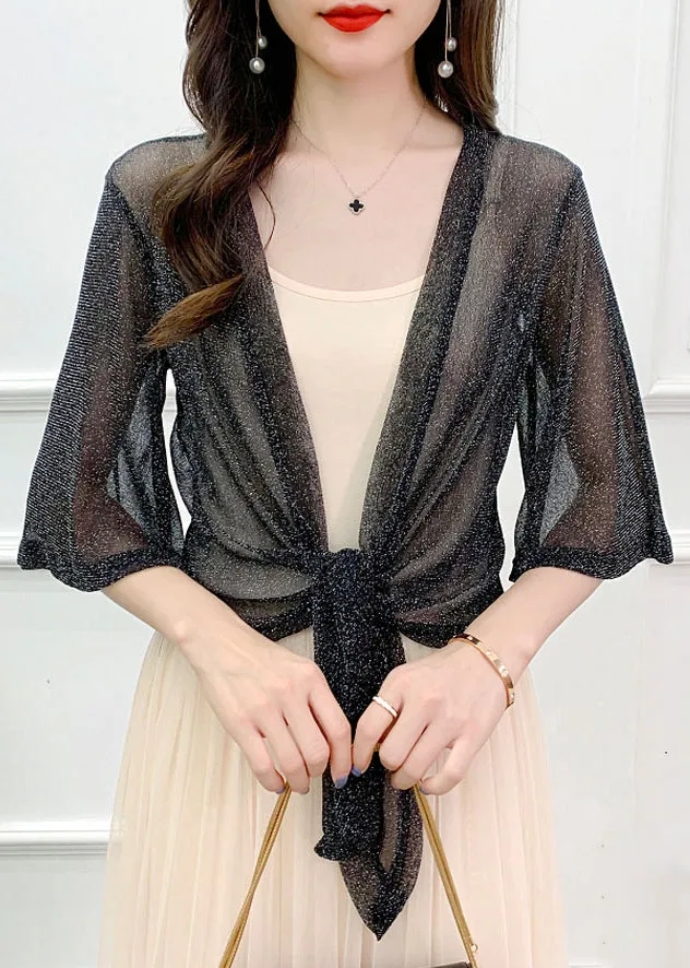 Black Lace Up Thin Tulle Cardigans V Neck Flare Sleeve AS1057