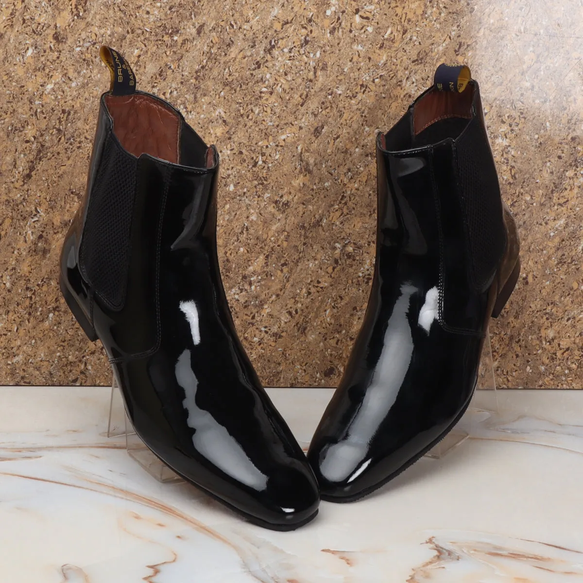 Black Patent Leather Boot with Elastic Pocket