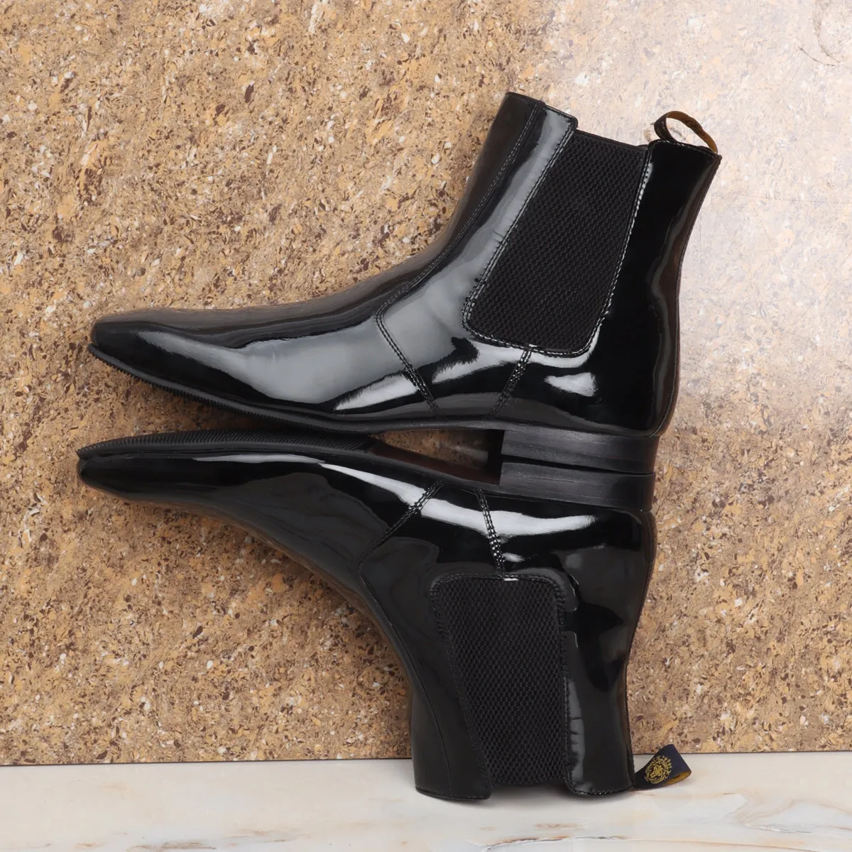 Black Patent Leather Boot with Elastic Pocket