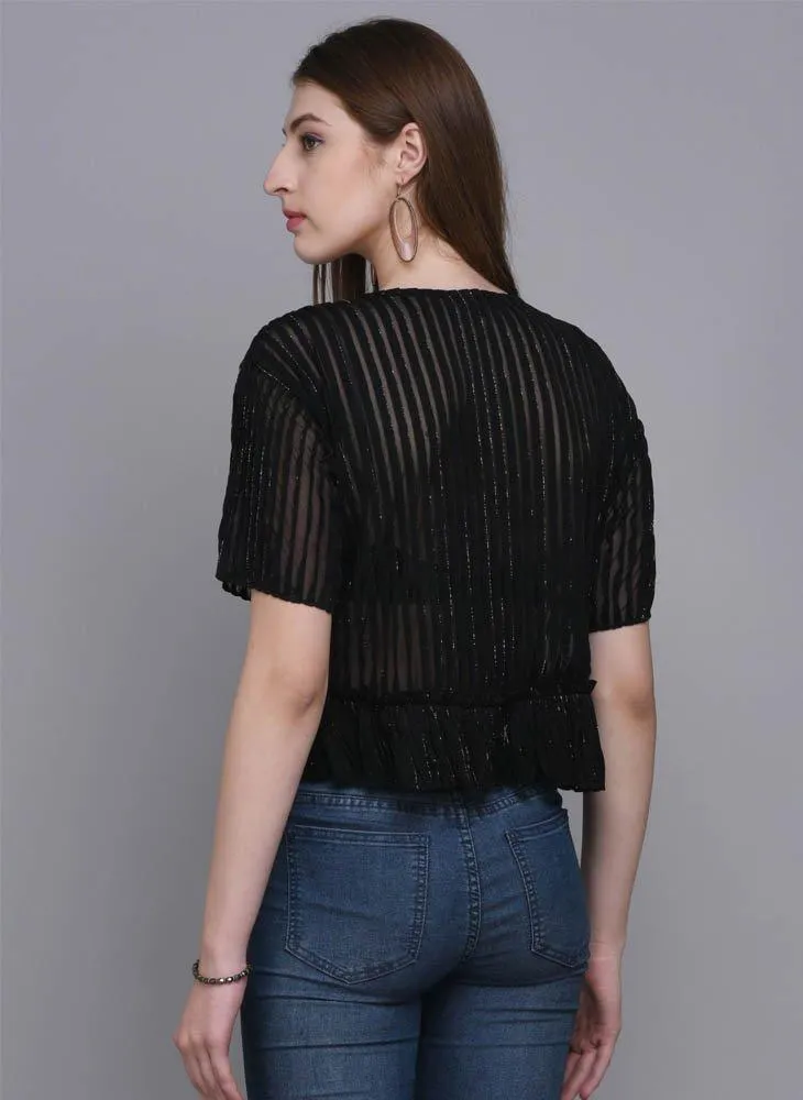 Black Shimmer Crop Top with Ruffle hem