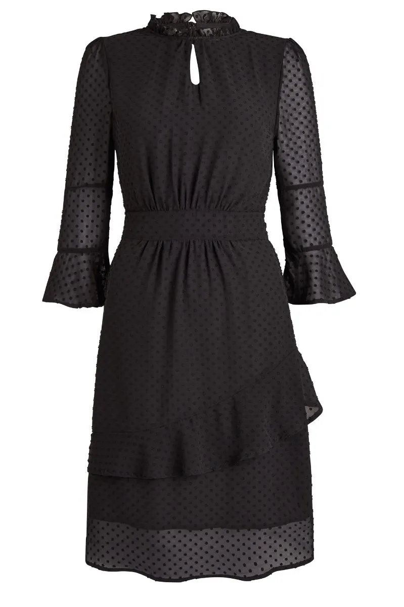 Black Woven Spot Print Fit & Flare Ruffle Hem Dress