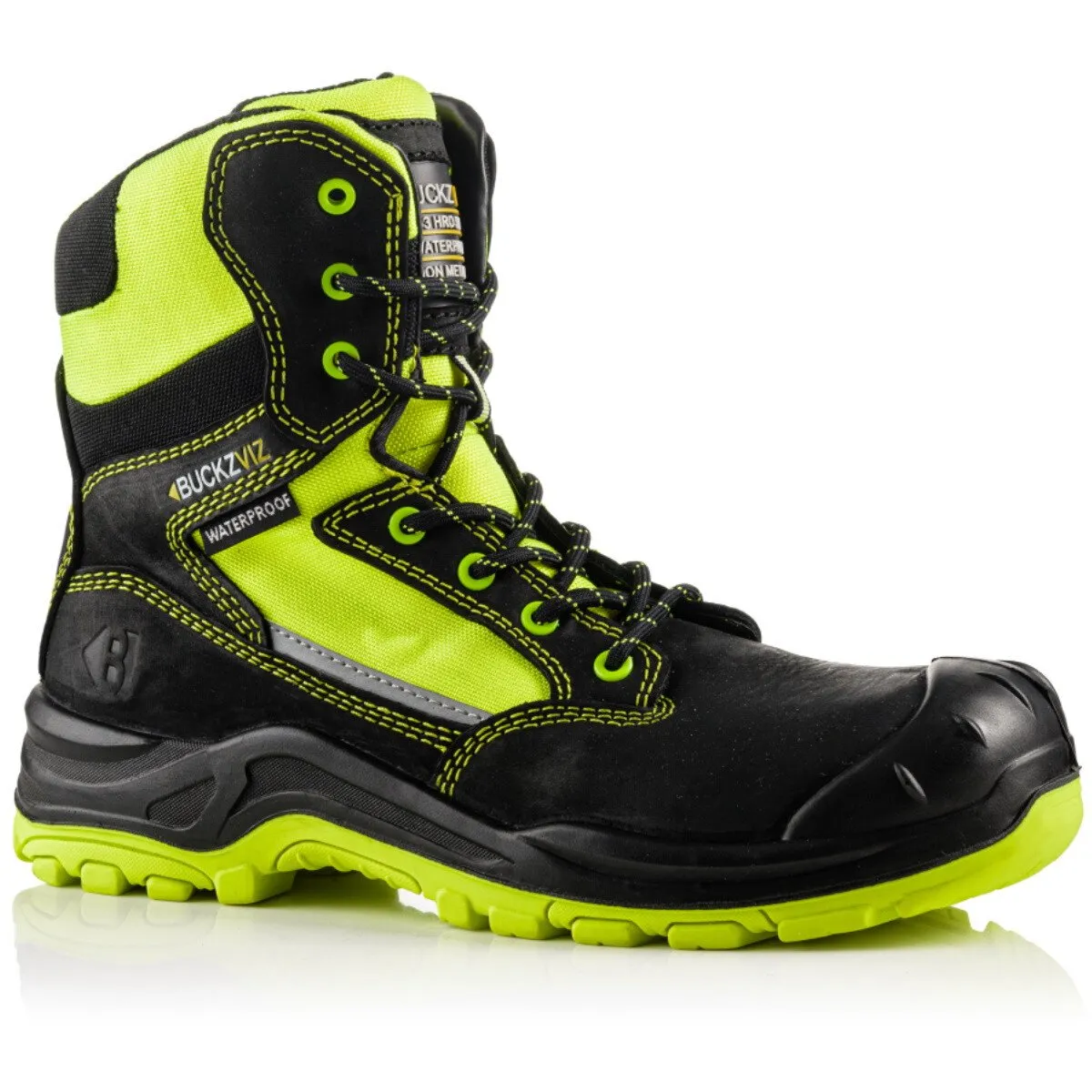 Buckbootz BVIZ1 Buckz Viz Black or Brown Leather/Hi-Viz Cordura S3 Non Metallic Lace/Zipper Safety Boot