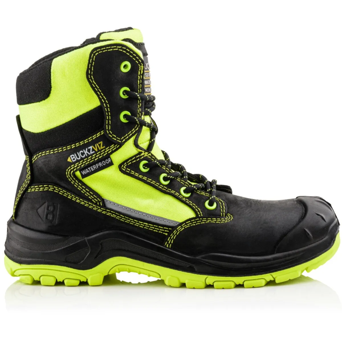 Buckbootz BVIZ1 Buckz Viz Black or Brown Leather/Hi-Viz Cordura S3 Non Metallic Lace/Zipper Safety Boot