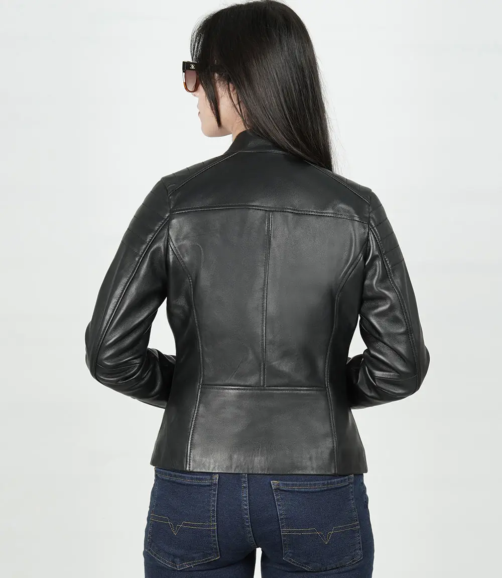 Carrie Women's Black Relaxed Fit Cafe Racer Leather Jacket