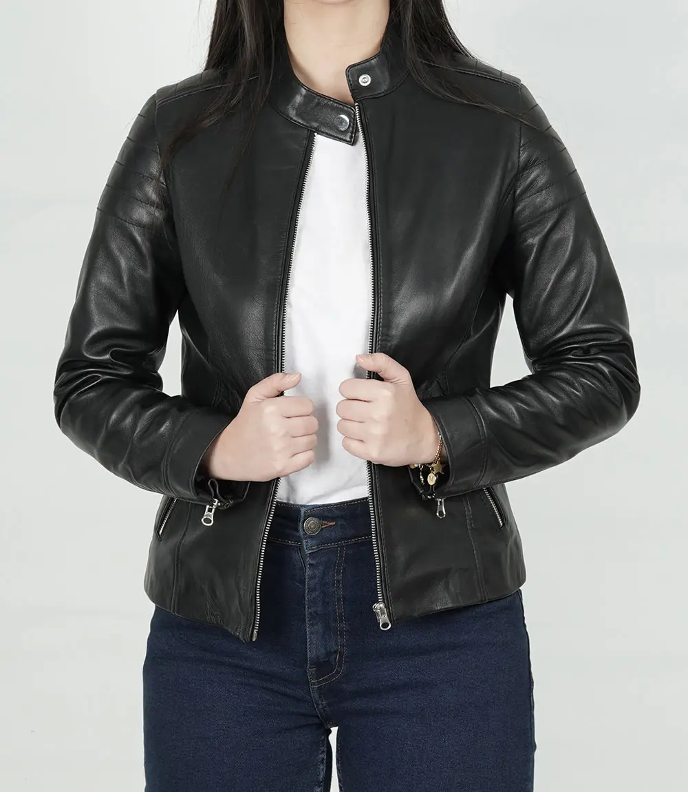 Carrie Women's Black Relaxed Fit Cafe Racer Leather Jacket