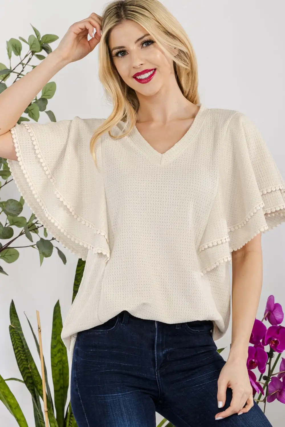 Celeste Full Size V-Neck Lace Trim Flutter Sleeve Top