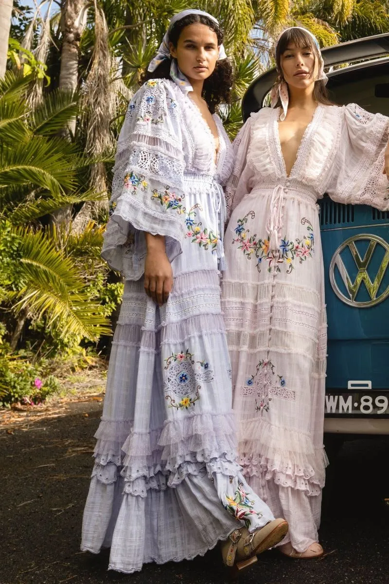 Charm Your Way - Embroidered maxi dress/duster - Rosey Tea in Baby Lavender