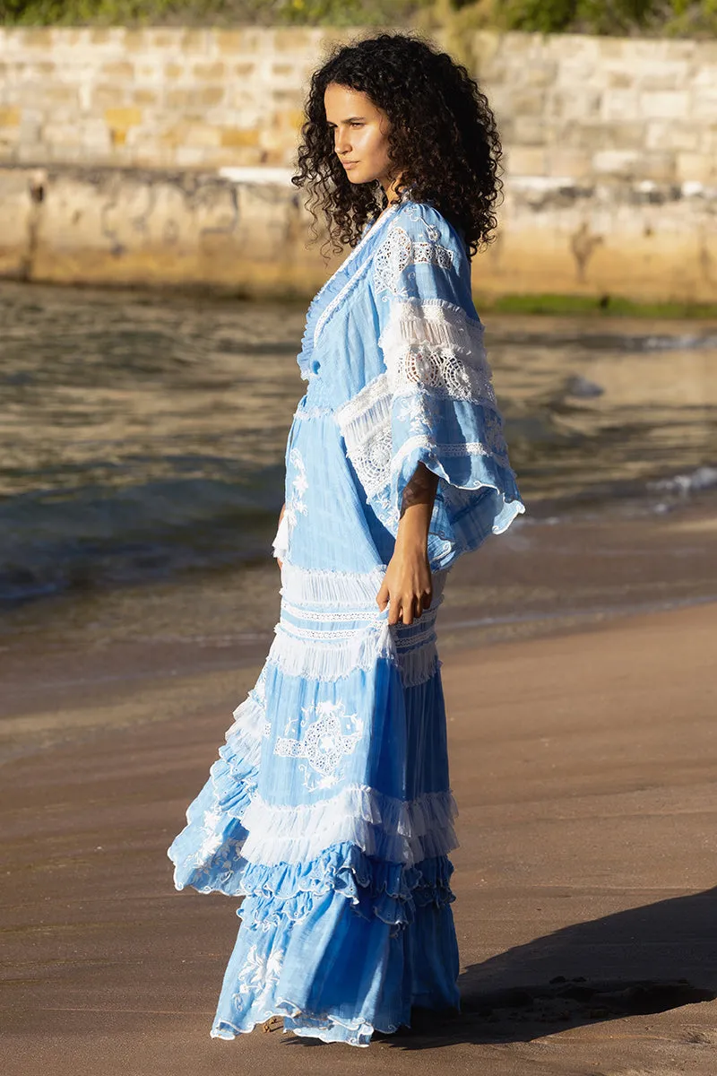 Charm Your Way - Embroidered maxi dress/duster - Rosey Tea in Cornflower Blue