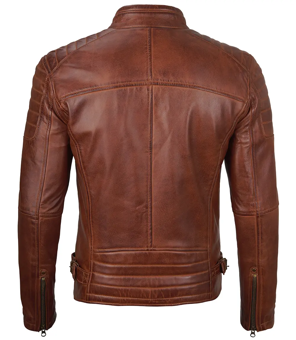 Cognac Brown Cafe Racer Leather Jacket for Men