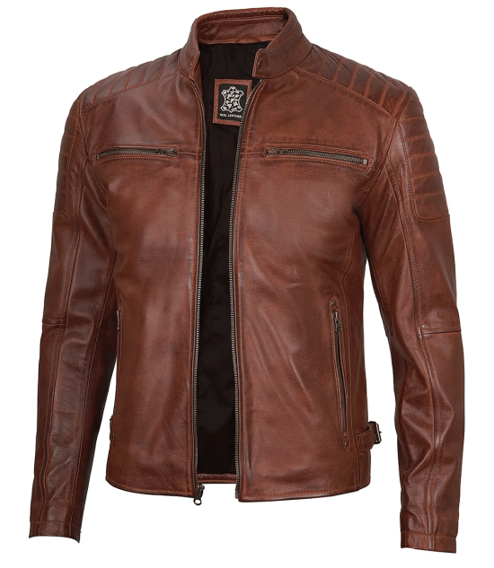 Cognac Brown Cafe Racer Leather Jacket for Men