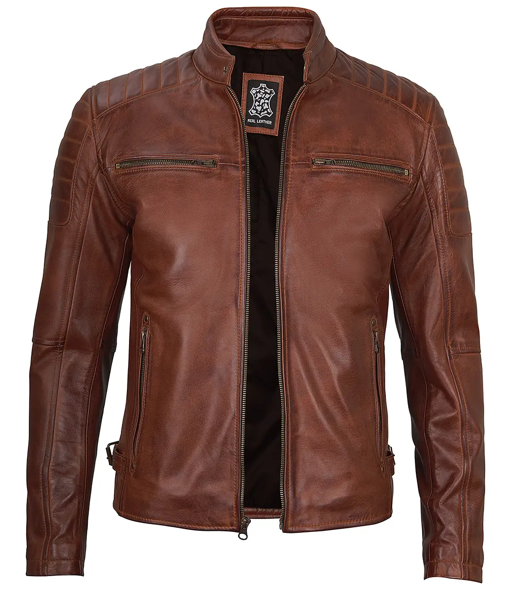 Cognac Brown Cafe Racer Leather Jacket for Men