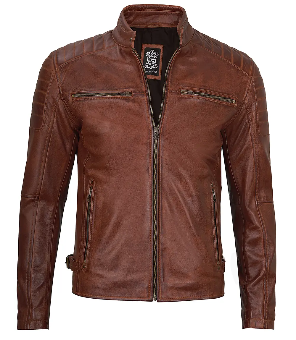 Cognac Brown Cafe Racer Leather Jacket for Men