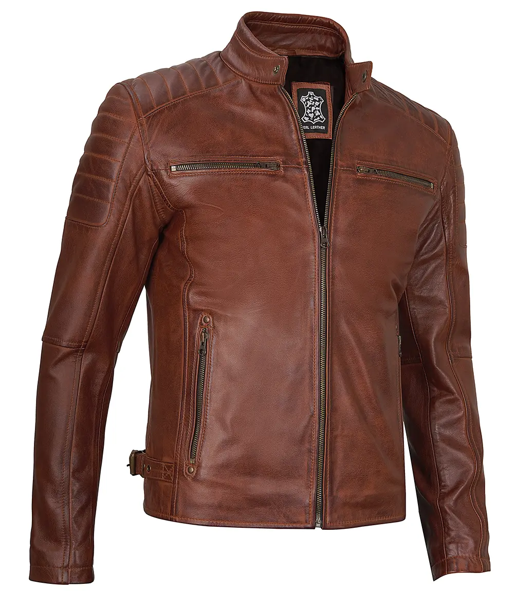 Cognac Brown Cafe Racer Leather Jacket for Men