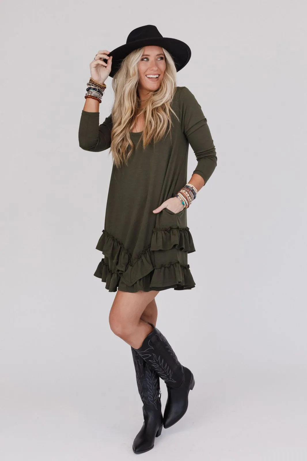 Constance Ruffle Hem Long Sleeve Dress - Olive