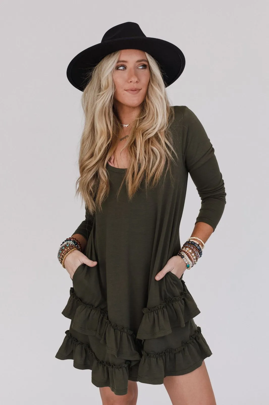 Constance Ruffle Hem Long Sleeve Dress - Olive