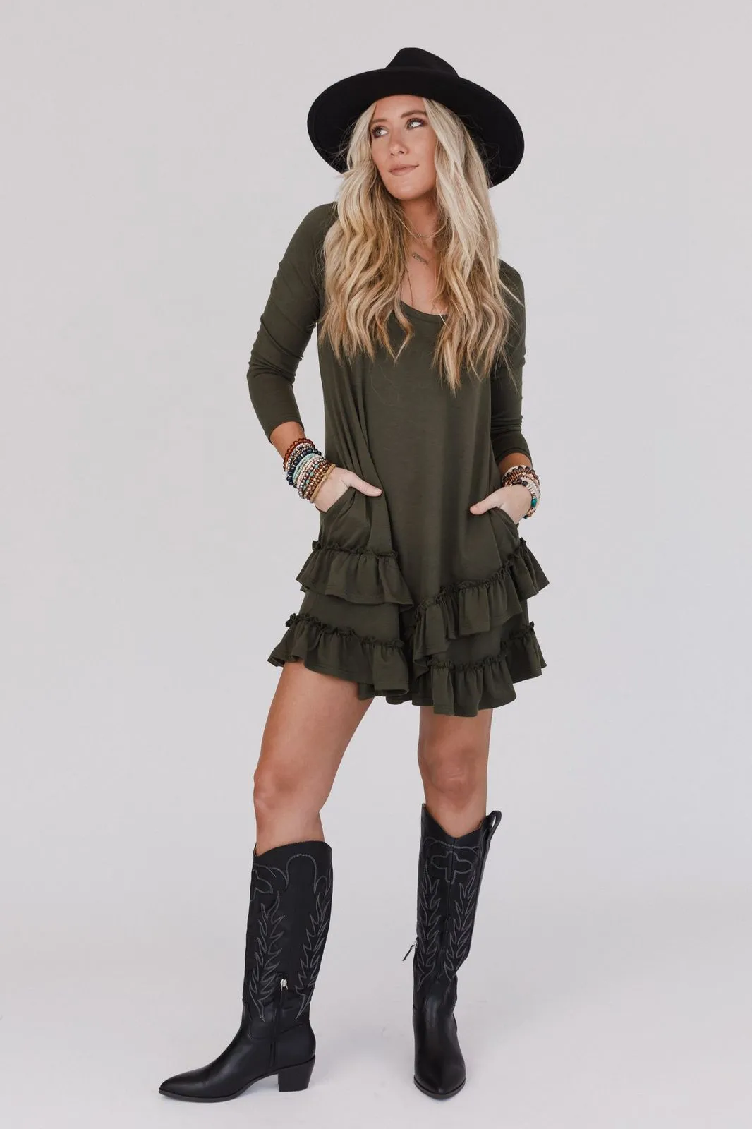 Constance Ruffle Hem Long Sleeve Dress - Olive