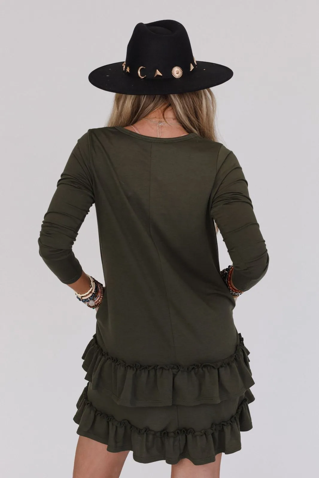 Constance Ruffle Hem Long Sleeve Dress - Olive