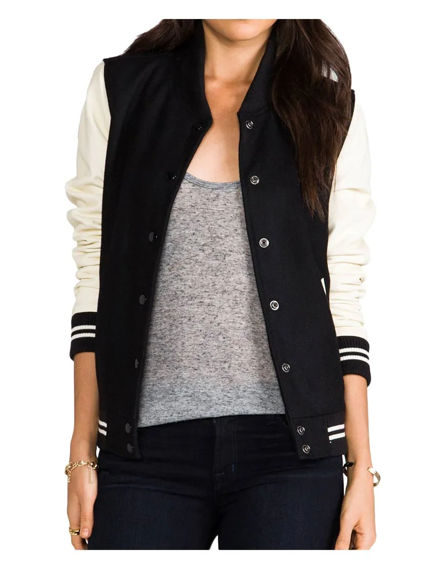 Cream Sleeves Womens Black Varsity Jacket - UJackets