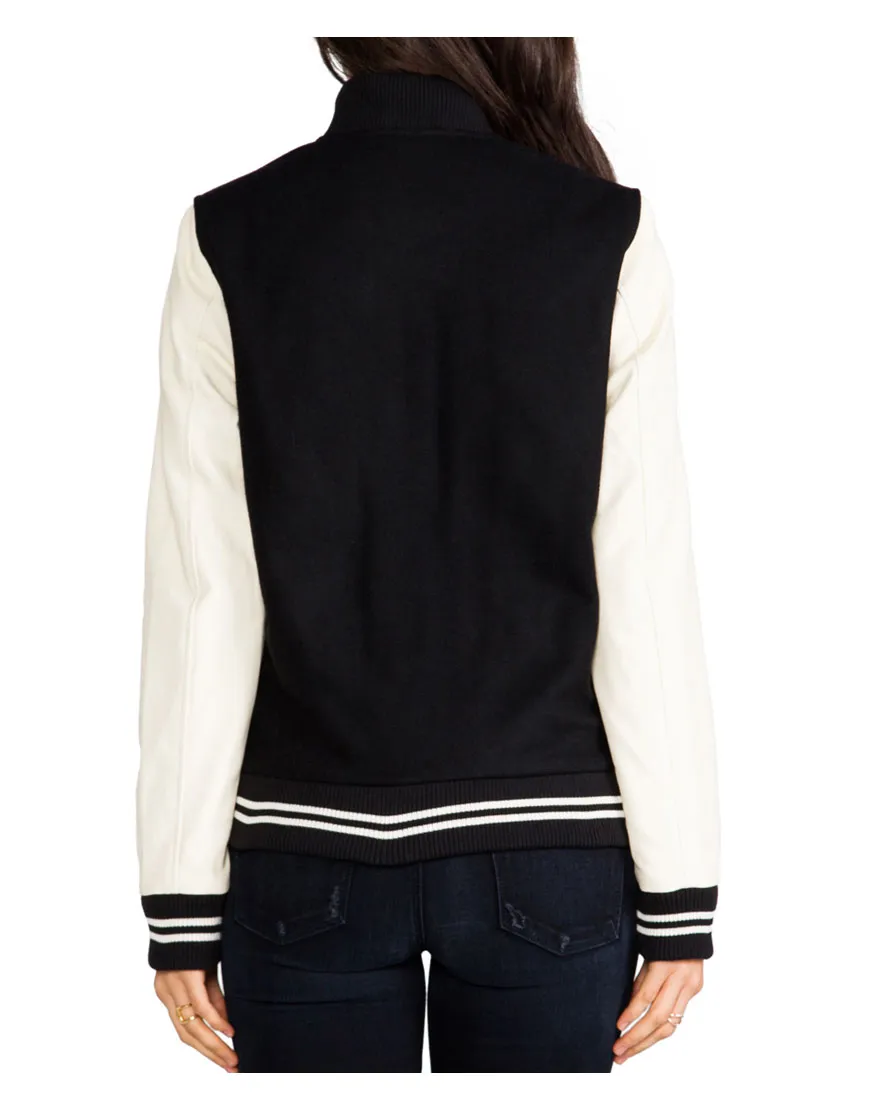 Cream Sleeves Womens Black Varsity Jacket - UJackets