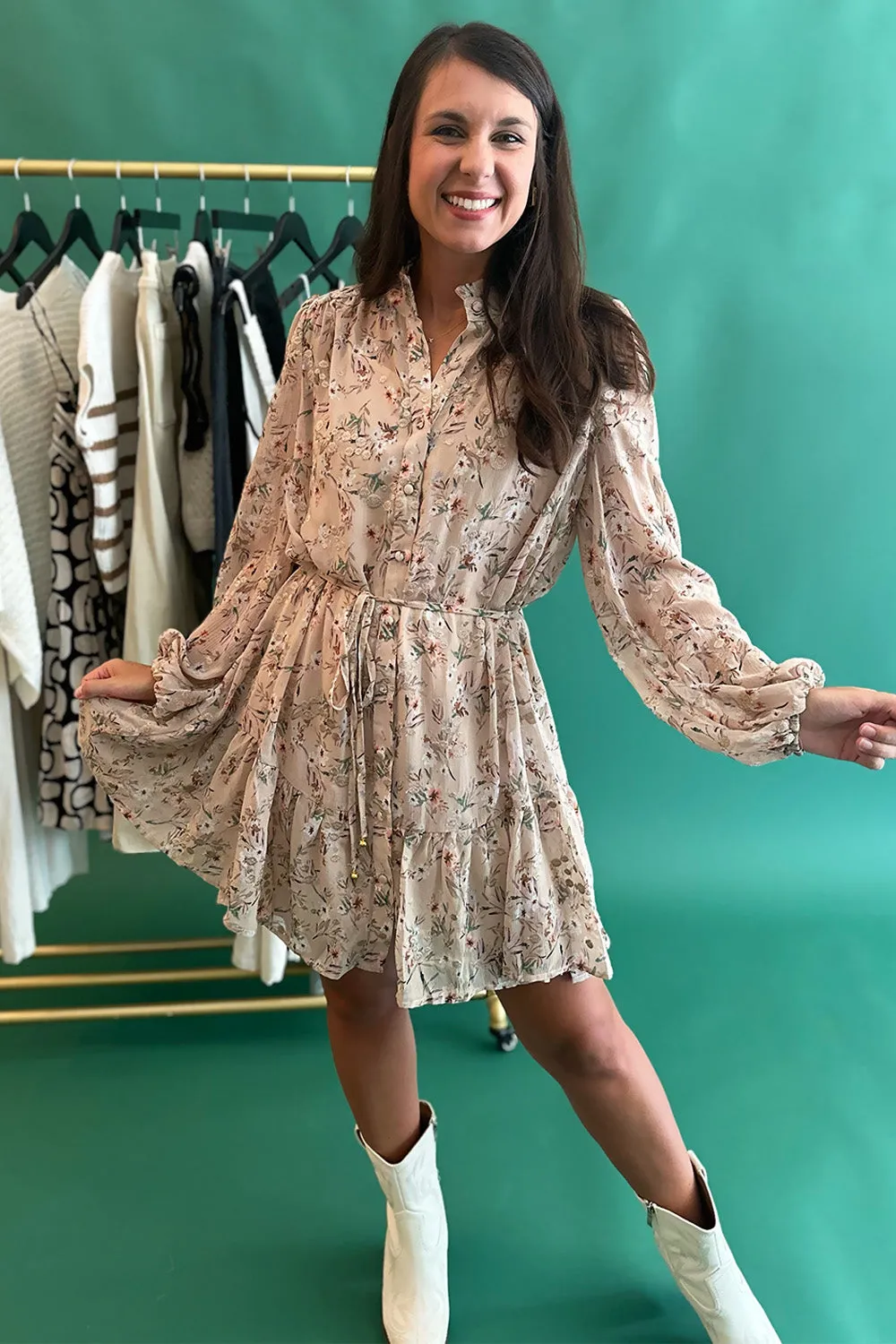 Floral Button High Neck LS Dress