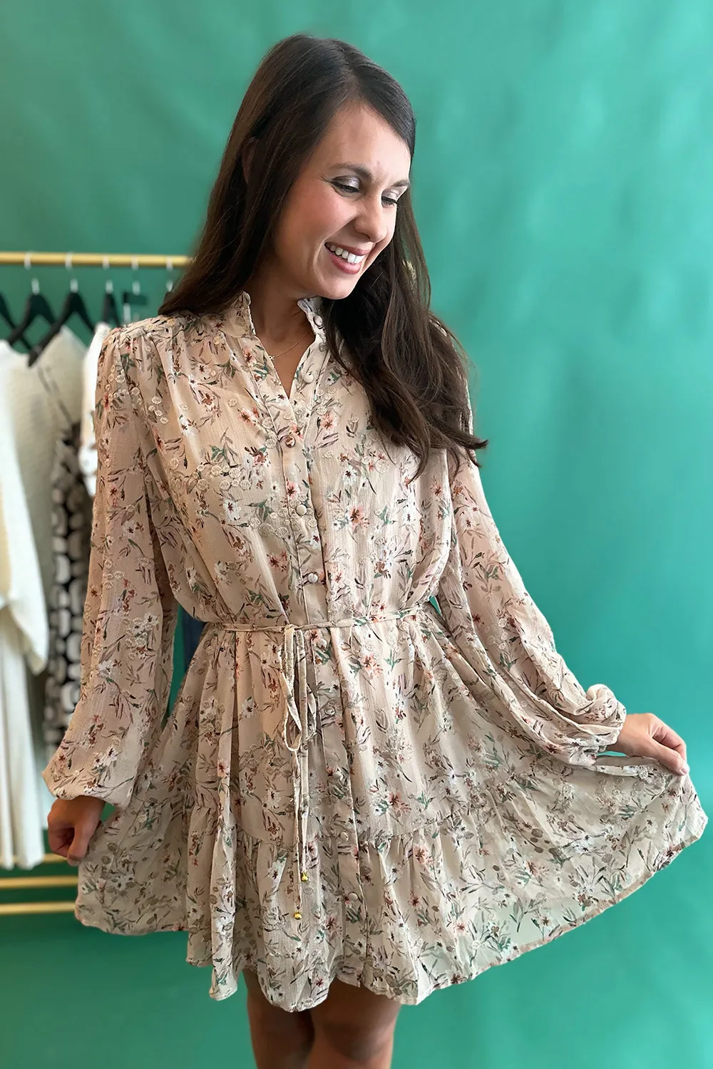 Floral Button High Neck LS Dress