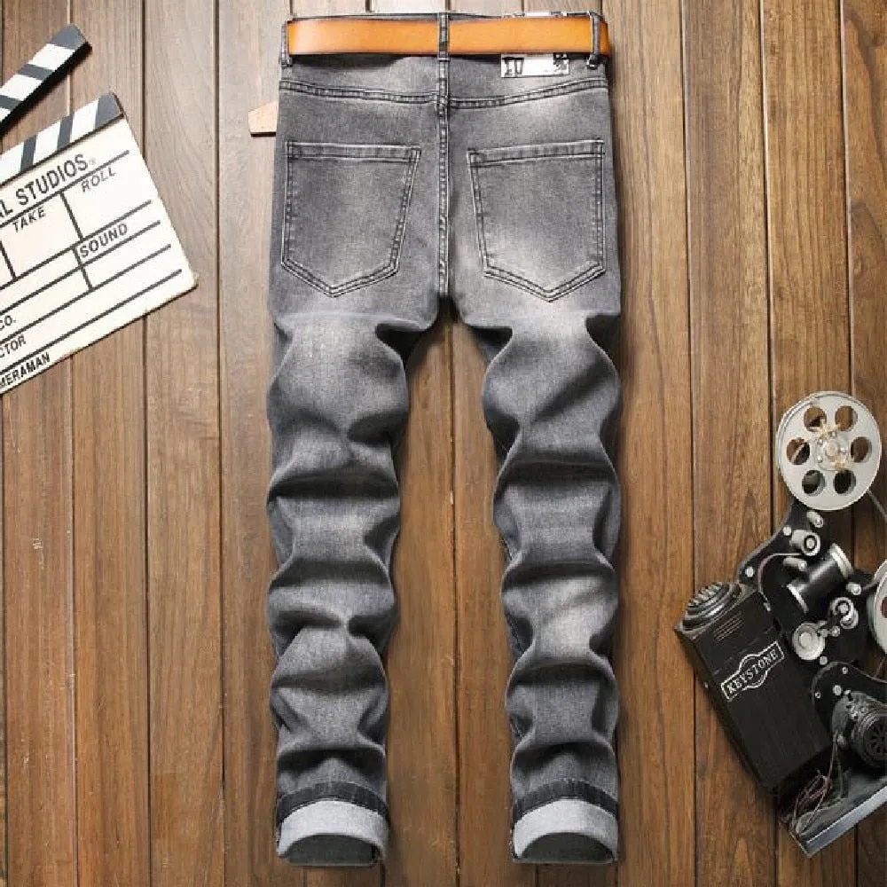 Gray European American Style Distressed Stretch Skinny Jeans for Men