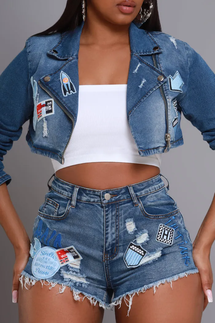 Hold Up Cropped Patchwork Denim Jacket - Med Wash