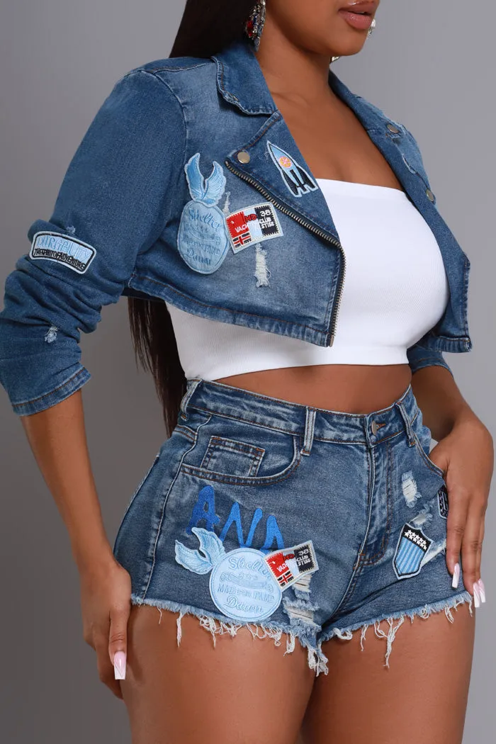 Hold Up Cropped Patchwork Denim Jacket - Med Wash