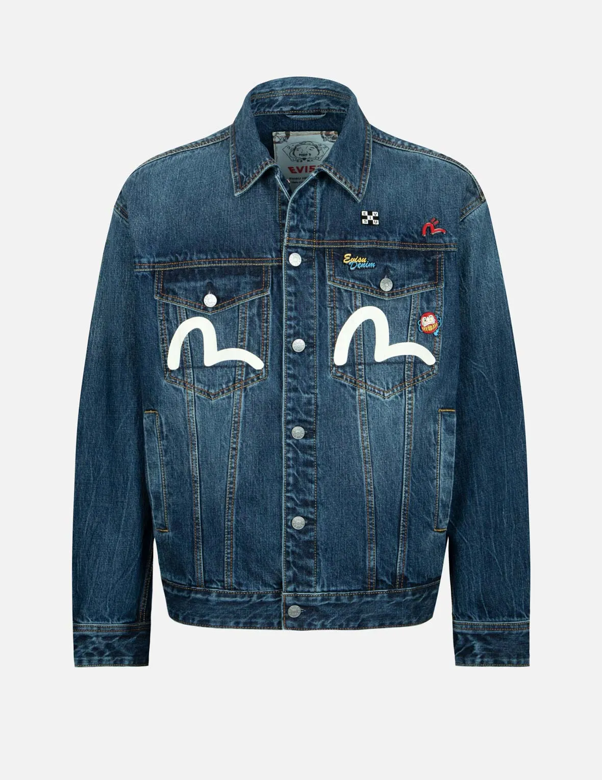 Inari Mask Print Loose Fit Denim Jacket with Metal Pins