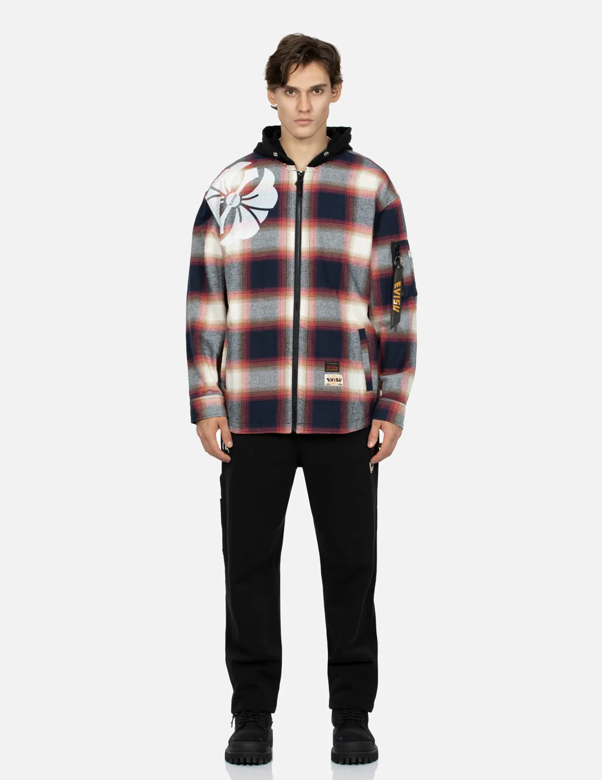 Kamon Print Checked Loose Fit Shirt Jacket