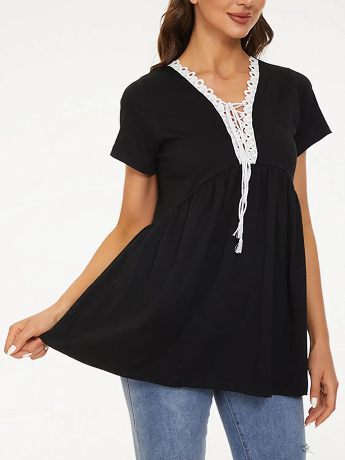 Lace Detail Tie Neck Short Sleeve T-Shirt