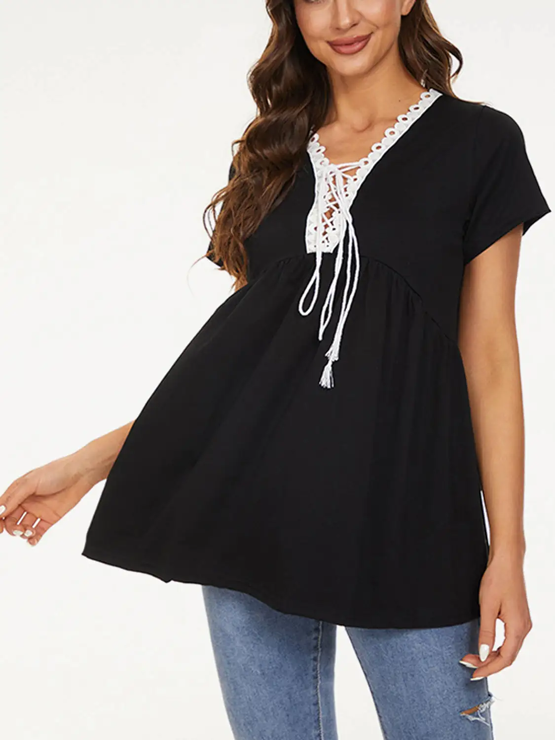 Lace Detail Tie Neck Short Sleeve T-Shirt