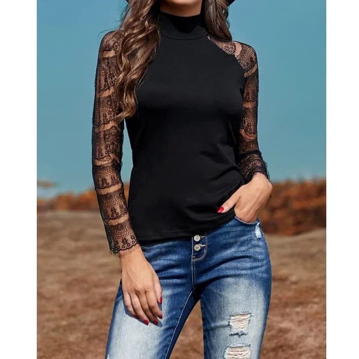 Lace Sleeve Mock Neck Top