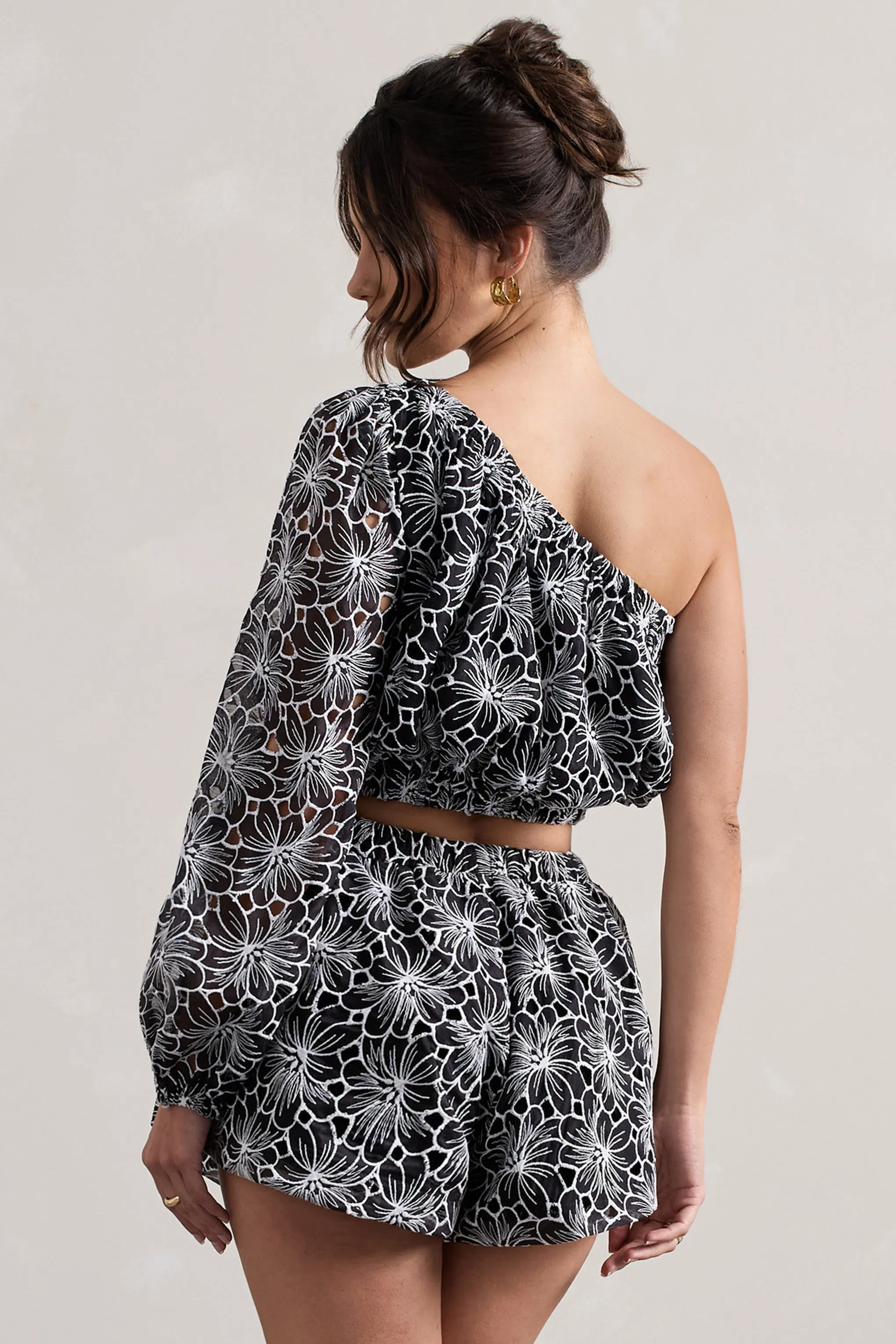 Last Request | Black Lace Asymmetric One-Sleeve Crop-Top