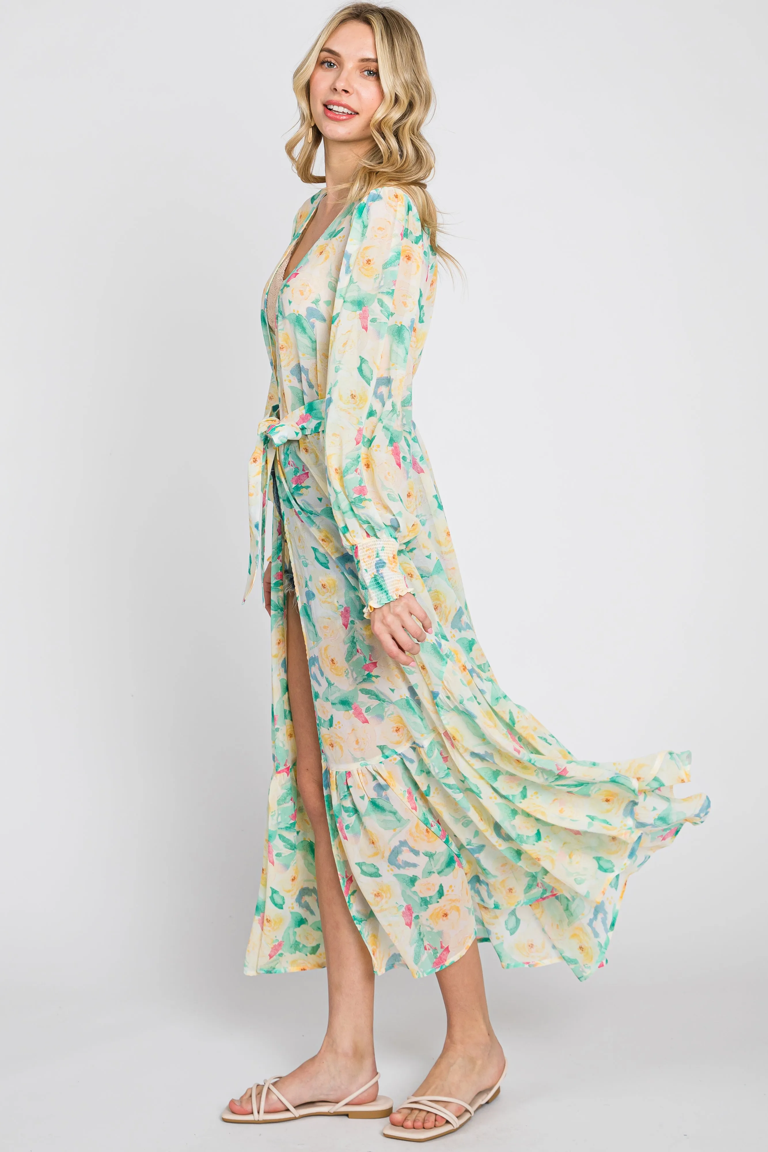 Lime Floral Chiffon Ruffle Hem Cover-Up