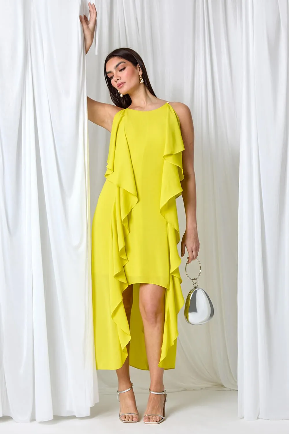 Lime Plain Dipped Hem Ruffle Detail Midi Dress | Roman UK