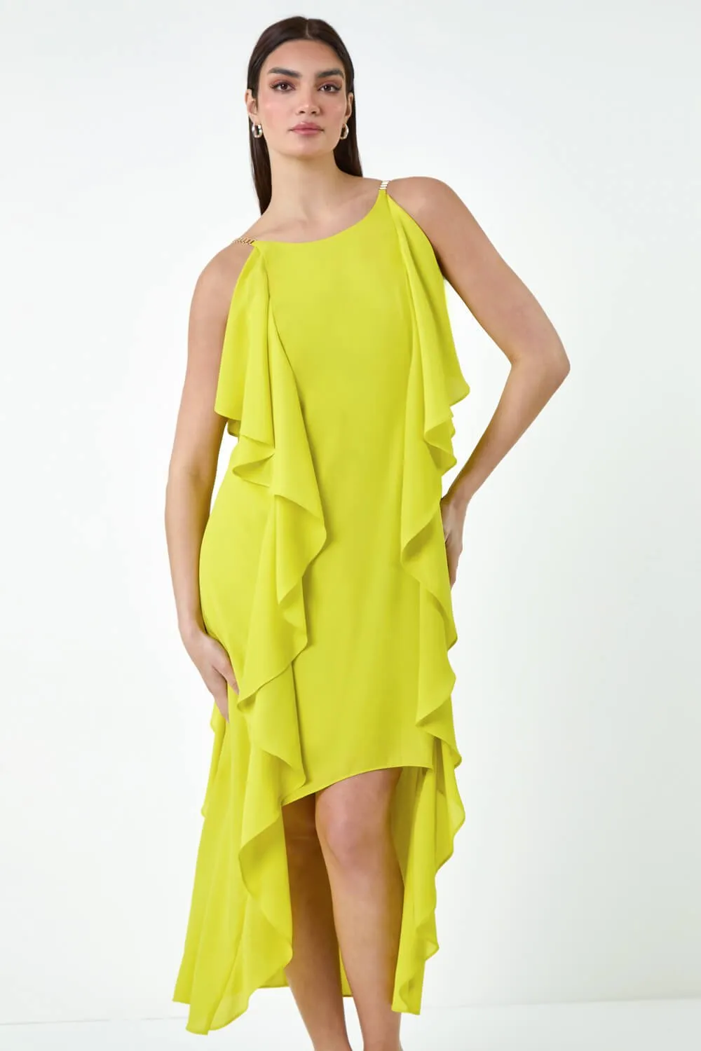 Lime Plain Dipped Hem Ruffle Detail Midi Dress | Roman UK