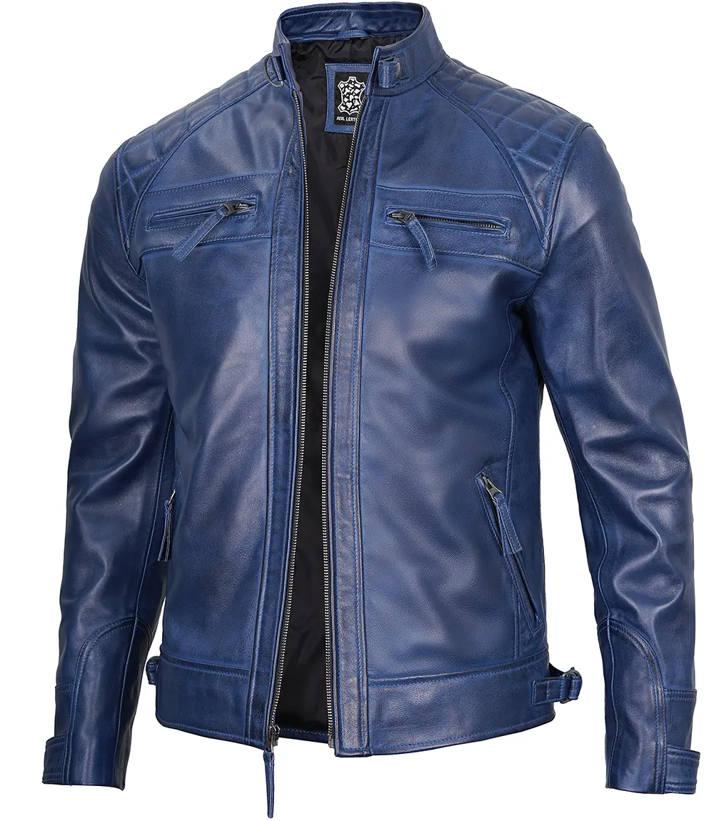 Men's Leather Blue Wax Cafe Racer Biker Jacket